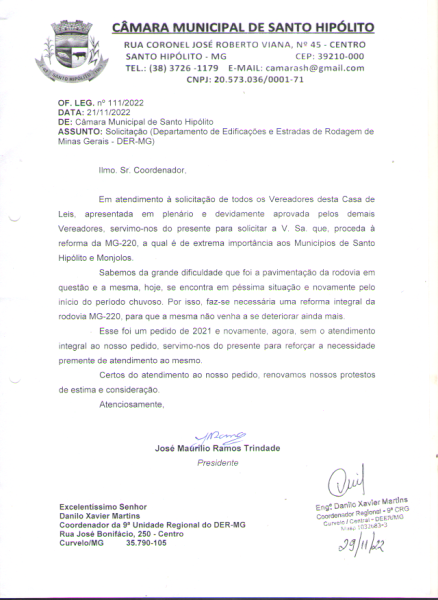 VEREADORES DE SANTO HIPÓLITO SOLICITAM AO DER - MG MANUTENÇÃO DA RODOVIA MG 220